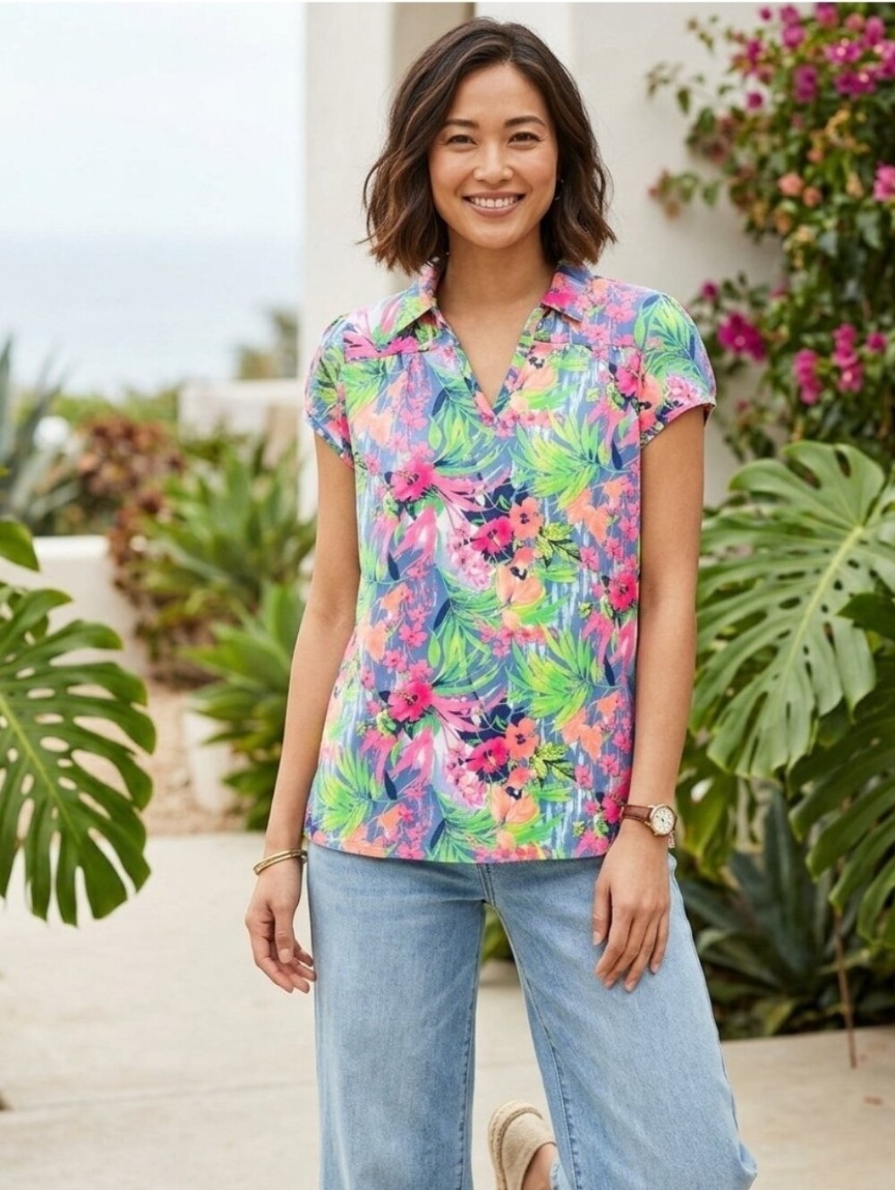 Caribbean Joe Pink Green Blue Tropical Collared V-Neck Short Sleeve Top
